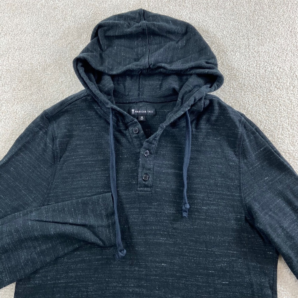 American Tall Hoodie Mens M XT Black Henley Slub Knit Long Sleeve Pullover